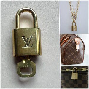 Louis Vuitton Gold Padlock & Key Necklace Pendant Bag Charm # 323